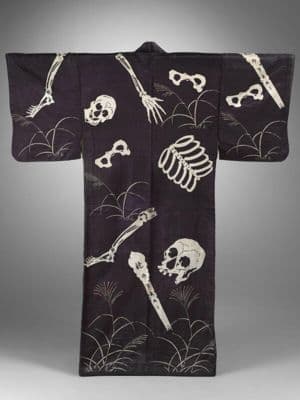 Black Cotton Kosode with Skull and Bones Pattern