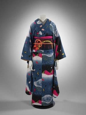 Navy Blue Silk Kimono with Abstract Patchwork