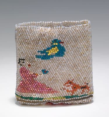 Cream Linen Beaded Drawstring Pouch with Teal Pink