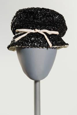 Black Woven Straw Cloche Hat with White Bow