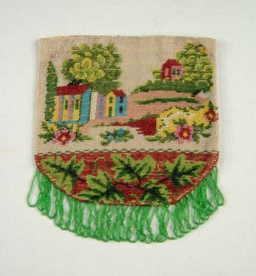 Glass Beaded Drawstring Pouch with Pastoral Scene