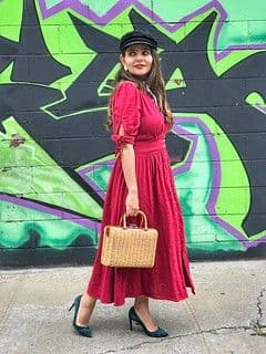 Red Cotton Blend Circle Wrap Midi Dress