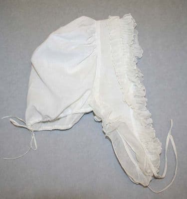 White Cotton Muslin Mourning Bonnet with Pleated Ruffle