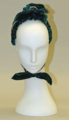 Dark Green Silk Bonnet with Black Feather Trim
