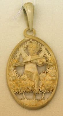 Carved Ivory Oval Pendant with Cherub Relief