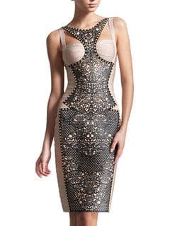 Black Beaded Geometric Bodycon Cocktail Dress