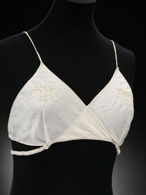Cream Silk Embroidered Floral Brassiere with Pearl Buttons